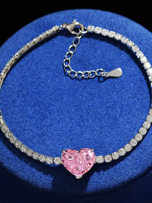 Pink [b 1944] 925 Sterling Silver High Carbon Diamond Heart Dainty Bracelet